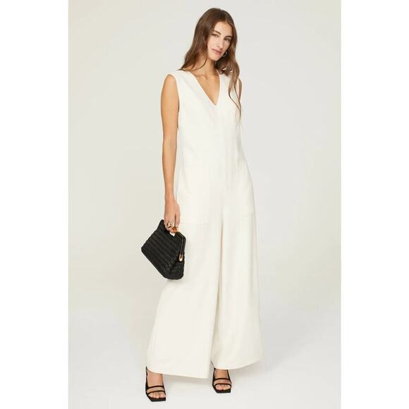 Marina Moscone Collective Jumpsuit Twill V-Neck Sleeveless Wide Leg Off White 8 - Picture 1 of 12